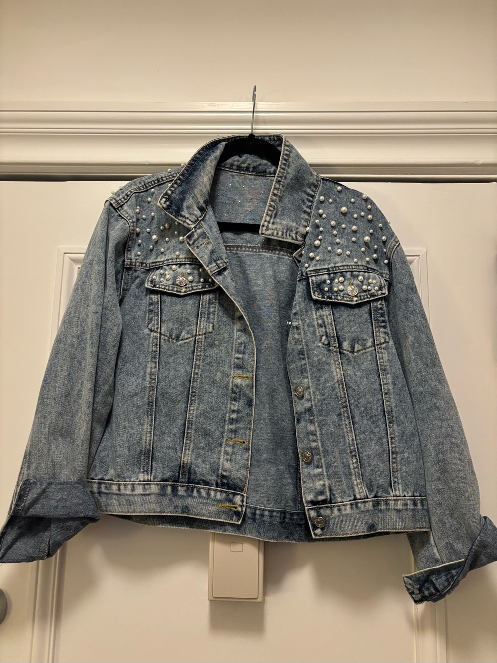 Pearl-Embellished Light Blue Denim Jacket - Women